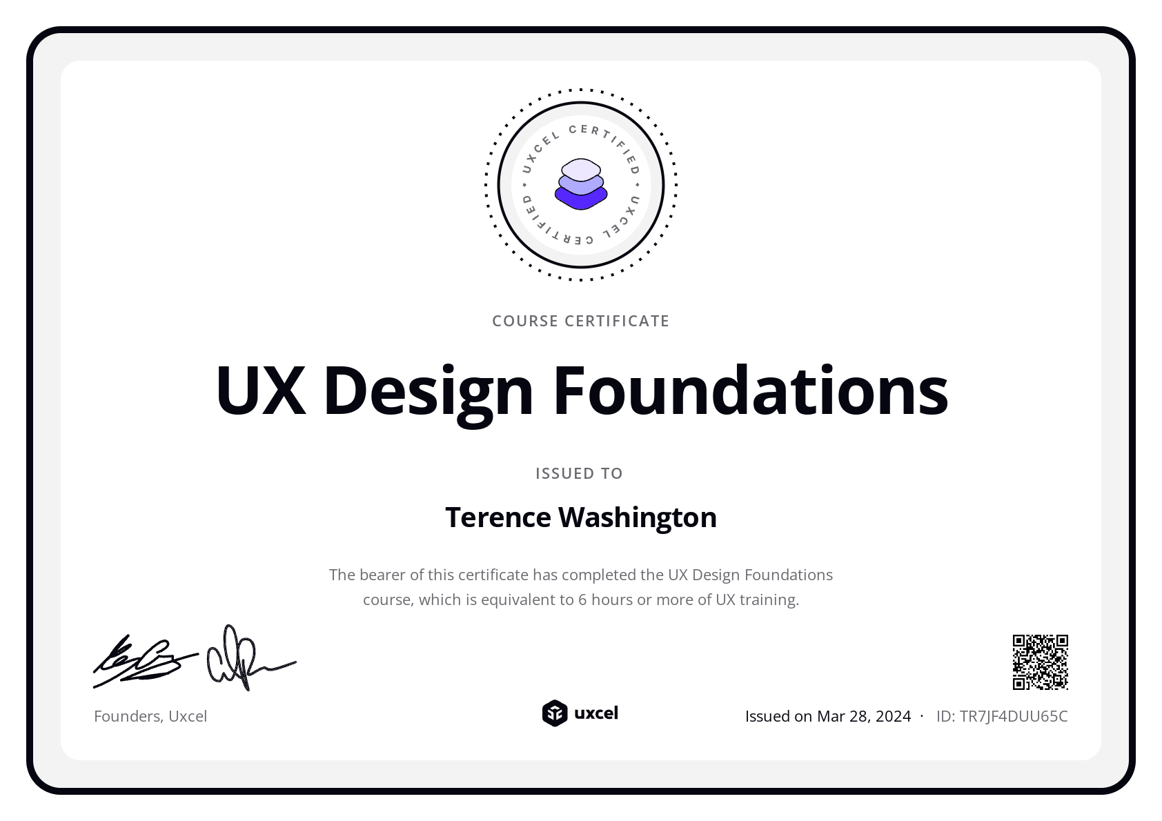 Terence Washington's certificate